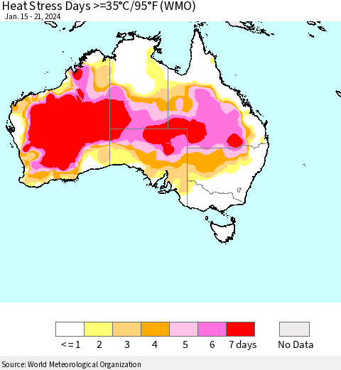 Australia Heat Stress Days >=35°C/95°F (WMO) Thematic Map For 1/15/2024 - 1/21/2024