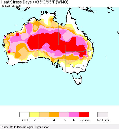 Australia Heat Stress Days >=35°C/95°F (WMO) Thematic Map For 1/22/2024 - 1/28/2024