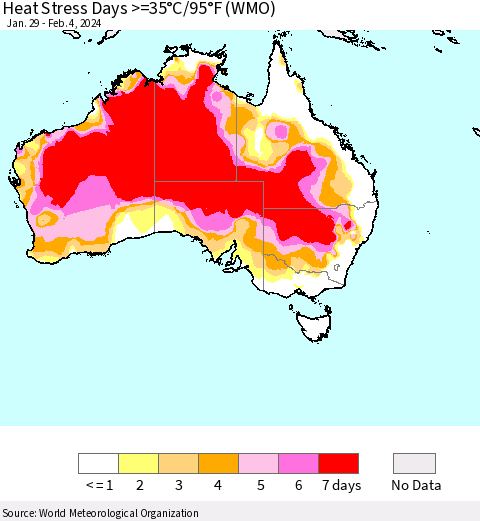 Australia Heat Stress Days >=35°C/95°F (WMO) Thematic Map For 1/29/2024 - 2/4/2024