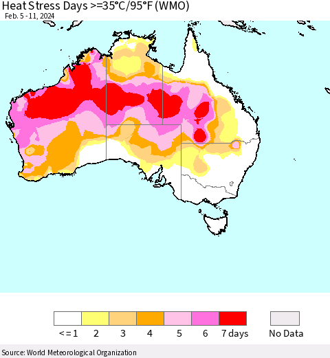 Australia Heat Stress Days >=35°C/95°F (WMO) Thematic Map For 2/5/2024 - 2/11/2024