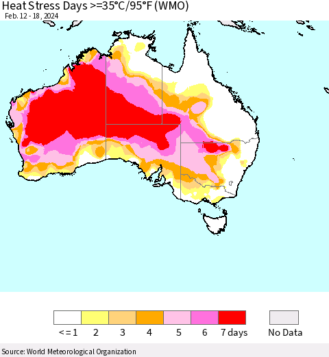 Australia Heat Stress Days >=35°C/95°F (WMO) Thematic Map For 2/12/2024 - 2/18/2024
