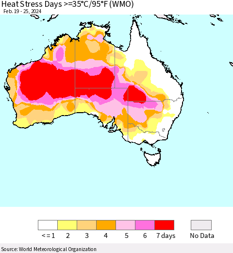 Australia Heat Stress Days >=35°C/95°F (WMO) Thematic Map For 2/19/2024 - 2/25/2024