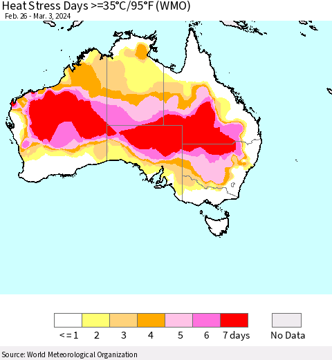 Australia Heat Stress Days >=35°C/95°F (WMO) Thematic Map For 2/26/2024 - 3/3/2024