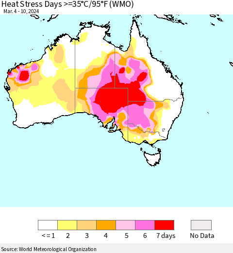 Australia Heat Stress Days >=35°C/95°F (WMO) Thematic Map For 3/4/2024 - 3/10/2024