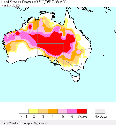 Australia Heat Stress Days >=35°C/95°F (WMO) Thematic Map For 3/11/2024 - 3/17/2024