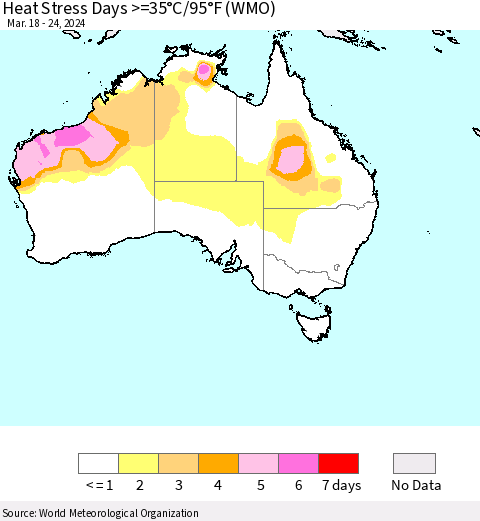 Australia Heat Stress Days >=35°C/95°F (WMO) Thematic Map For 3/18/2024 - 3/24/2024
