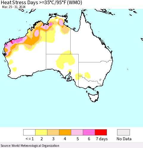 Australia Heat Stress Days >=35°C/95°F (WMO) Thematic Map For 3/25/2024 - 3/31/2024
