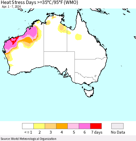 Australia Heat Stress Days >=35°C/95°F (WMO) Thematic Map For 4/1/2024 - 4/7/2024