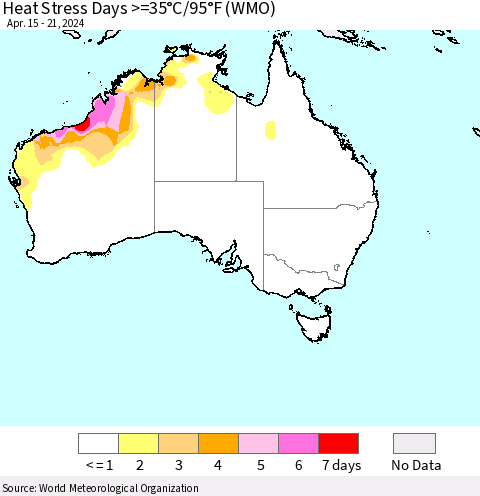 Australia Heat Stress Days >=35°C/95°F (WMO) Thematic Map For 4/15/2024 - 4/21/2024