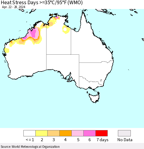 Australia Heat Stress Days >=35°C/95°F (WMO) Thematic Map For 4/22/2024 - 4/28/2024