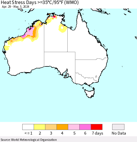 Australia Heat Stress Days >=35°C/95°F (WMO) Thematic Map For 4/29/2024 - 5/5/2024