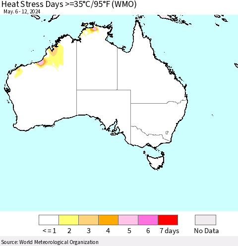 Australia Heat Stress Days >=35°C/95°F (WMO) Thematic Map For 5/6/2024 - 5/12/2024