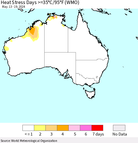 Australia Heat Stress Days >=35°C/95°F (WMO) Thematic Map For 5/13/2024 - 5/19/2024