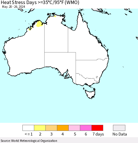 Australia Heat Stress Days >=35°C/95°F (WMO) Thematic Map For 5/20/2024 - 5/26/2024