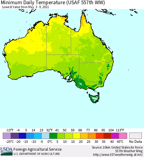 Australia Minimum Daily Temperature (USAF 557th WW) Thematic Map For 5/3/2021 - 5/9/2021