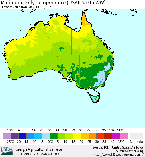 Australia Minimum Daily Temperature (USAF 557th WW) Thematic Map For 5/10/2021 - 5/16/2021