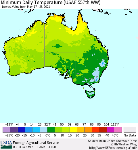 Australia Minimum Daily Temperature (USAF 557th WW) Thematic Map For 5/17/2021 - 5/23/2021