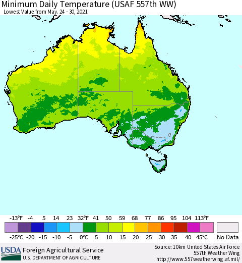 Australia Minimum Daily Temperature (USAF 557th WW) Thematic Map For 5/24/2021 - 5/30/2021