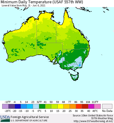 Australia Minimum Daily Temperature (USAF 557th WW) Thematic Map For 5/31/2021 - 6/6/2021