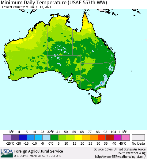 Australia Minimum Daily Temperature (USAF 557th WW) Thematic Map For 6/7/2021 - 6/13/2021