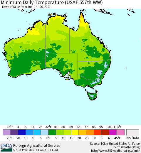 Australia Minimum Daily Temperature (USAF 557th WW) Thematic Map For 6/14/2021 - 6/20/2021