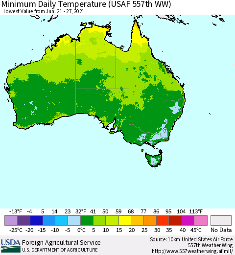 Australia Minimum Daily Temperature (USAF 557th WW) Thematic Map For 6/21/2021 - 6/27/2021