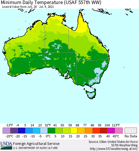 Australia Minimum Daily Temperature (USAF 557th WW) Thematic Map For 6/28/2021 - 7/4/2021