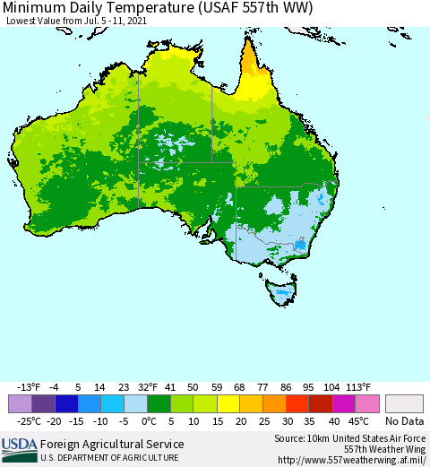 Australia Minimum Daily Temperature (USAF 557th WW) Thematic Map For 7/5/2021 - 7/11/2021