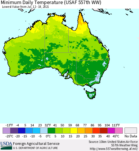 Australia Minimum Daily Temperature (USAF 557th WW) Thematic Map For 7/12/2021 - 7/18/2021