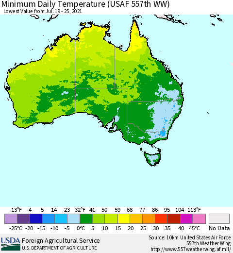 Australia Minimum Daily Temperature (USAF 557th WW) Thematic Map For 7/19/2021 - 7/25/2021