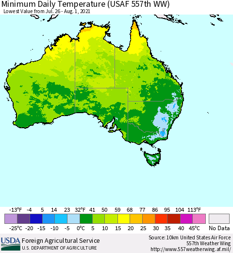 Australia Minimum Daily Temperature (USAF 557th WW) Thematic Map For 7/26/2021 - 8/1/2021