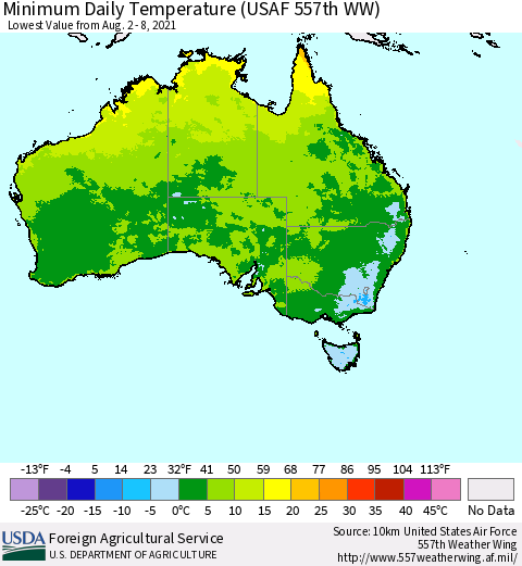 Australia Minimum Daily Temperature (USAF 557th WW) Thematic Map For 8/2/2021 - 8/8/2021