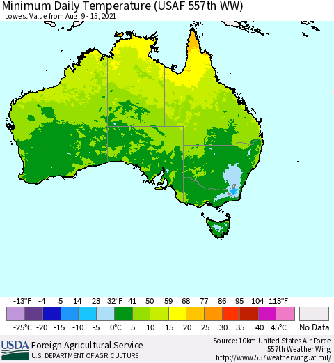 Australia Minimum Daily Temperature (USAF 557th WW) Thematic Map For 8/9/2021 - 8/15/2021