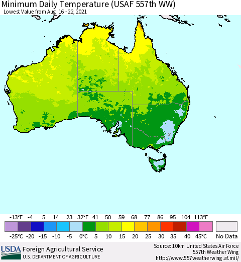 Australia Minimum Daily Temperature (USAF 557th WW) Thematic Map For 8/16/2021 - 8/22/2021