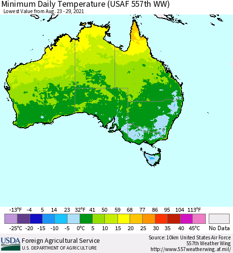 Australia Minimum Daily Temperature (USAF 557th WW) Thematic Map For 8/23/2021 - 8/29/2021