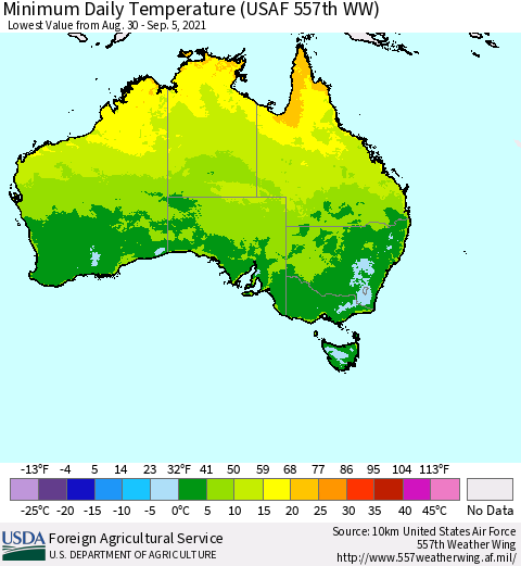 Australia Minimum Daily Temperature (USAF 557th WW) Thematic Map For 8/30/2021 - 9/5/2021