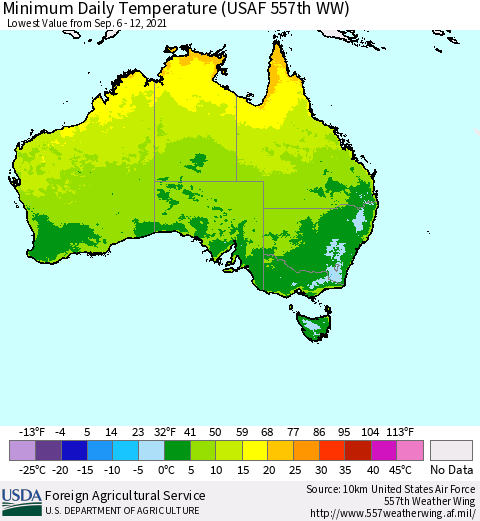 Australia Minimum Daily Temperature (USAF 557th WW) Thematic Map For 9/6/2021 - 9/12/2021