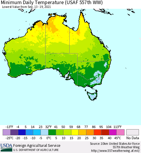 Australia Minimum Daily Temperature (USAF 557th WW) Thematic Map For 9/13/2021 - 9/19/2021