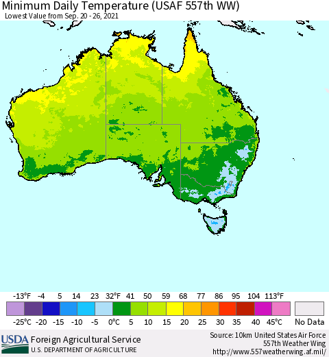 Australia Minimum Daily Temperature (USAF 557th WW) Thematic Map For 9/20/2021 - 9/26/2021