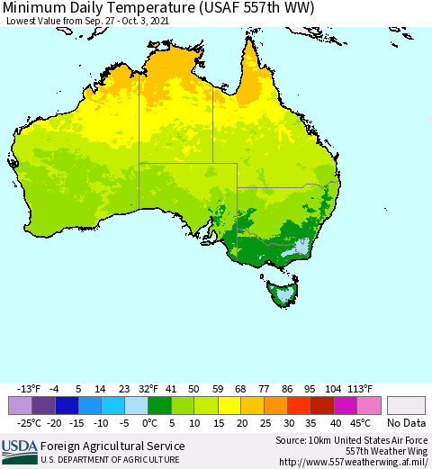 Australia Minimum Daily Temperature (USAF 557th WW) Thematic Map For 9/27/2021 - 10/3/2021