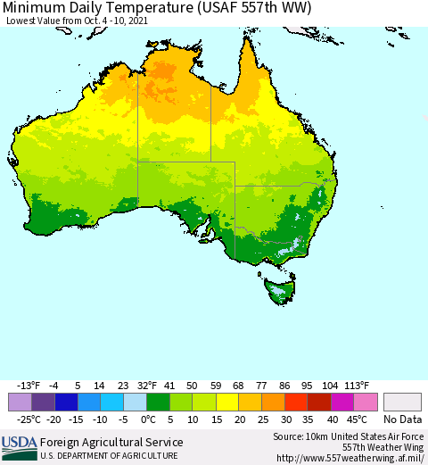 Australia Minimum Daily Temperature (USAF 557th WW) Thematic Map For 10/4/2021 - 10/10/2021