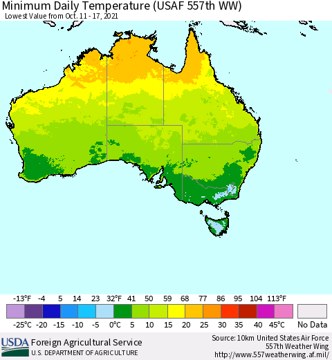 Australia Minimum Daily Temperature (USAF 557th WW) Thematic Map For 10/11/2021 - 10/17/2021