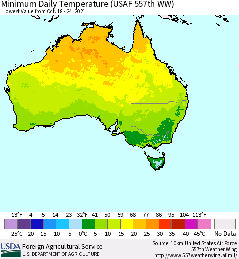 Australia Minimum Daily Temperature (USAF 557th WW) Thematic Map For 10/18/2021 - 10/24/2021