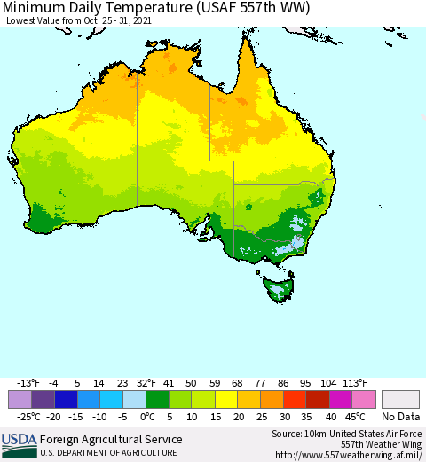 Australia Minimum Daily Temperature (USAF 557th WW) Thematic Map For 10/25/2021 - 10/31/2021