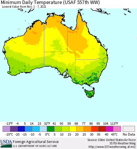 Australia Minimum Daily Temperature (USAF 557th WW) Thematic Map For 11/1/2021 - 11/7/2021