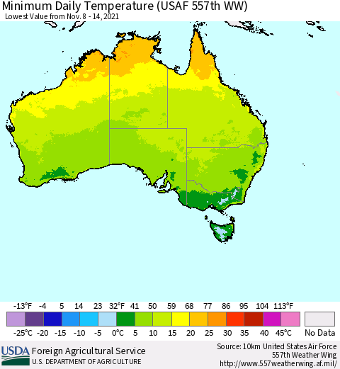 Australia Minimum Daily Temperature (USAF 557th WW) Thematic Map For 11/8/2021 - 11/14/2021