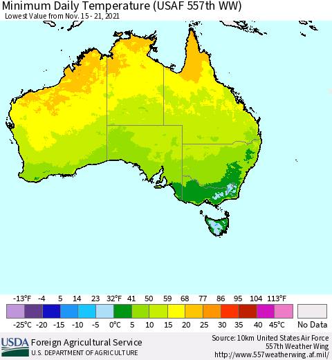 Australia Minimum Daily Temperature (USAF 557th WW) Thematic Map For 11/15/2021 - 11/21/2021