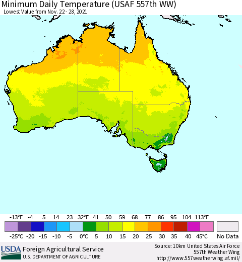Australia Minimum Daily Temperature (USAF 557th WW) Thematic Map For 11/22/2021 - 11/28/2021