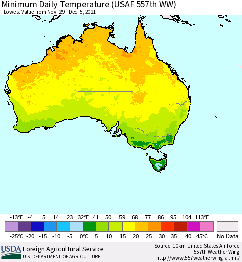 Australia Minimum Daily Temperature (USAF 557th WW) Thematic Map For 11/29/2021 - 12/5/2021