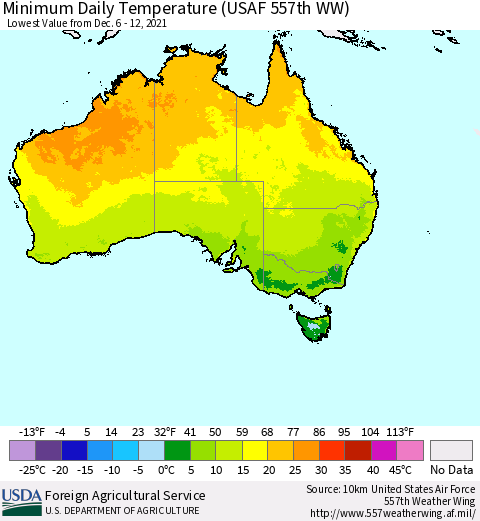 Australia Minimum Daily Temperature (USAF 557th WW) Thematic Map For 12/6/2021 - 12/12/2021